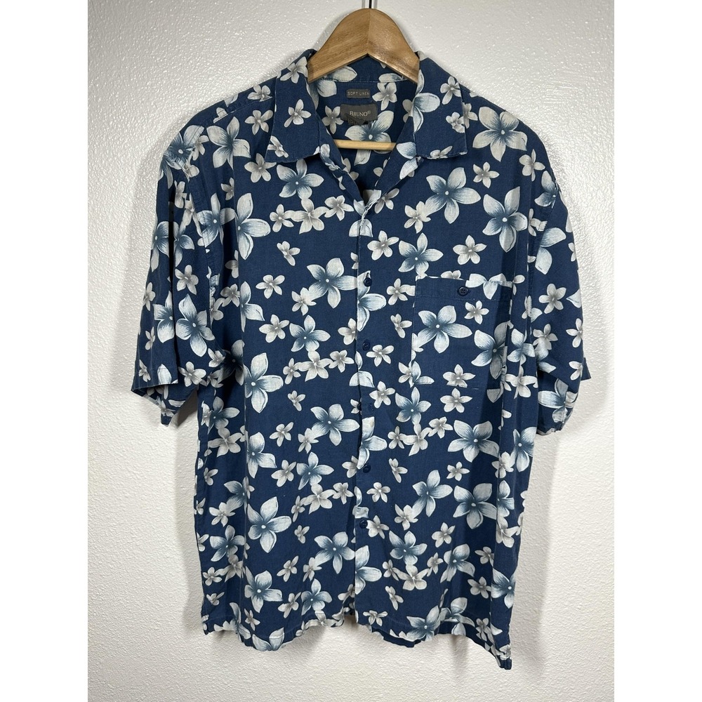 Bruno Shirt Mens XL Blue Hawaiian‎ Floral Short Sleeve Button Front Linen Rayon